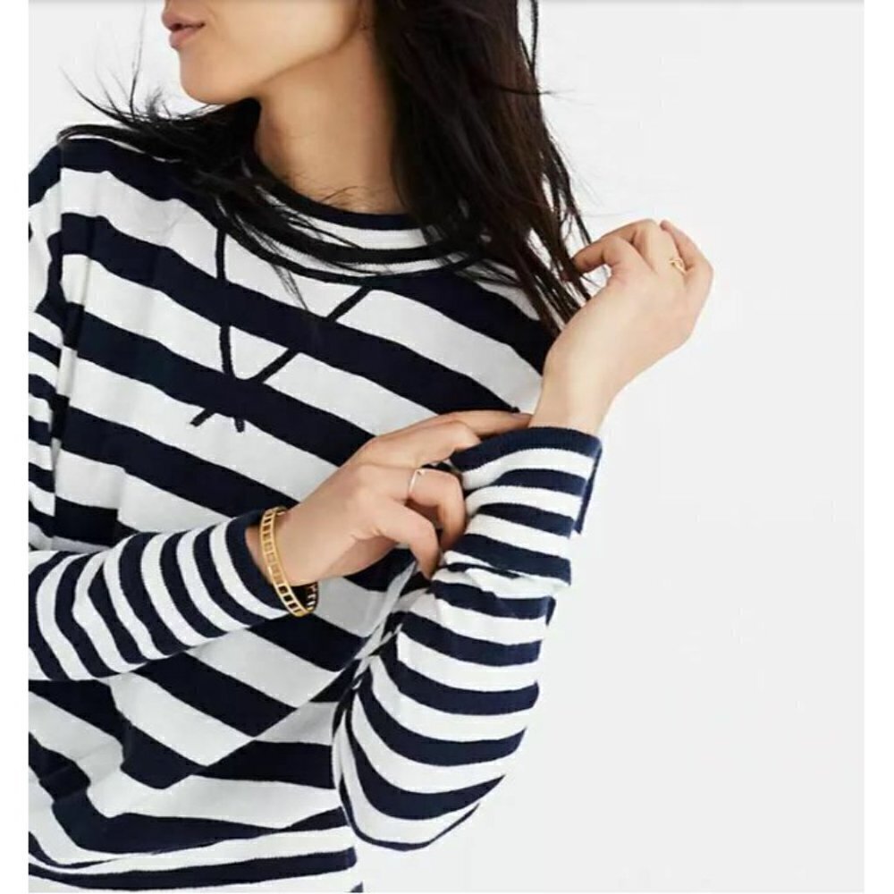Madewell Sweater Womens Small Blue Ivory Striped Relaxed Mockneck Boho